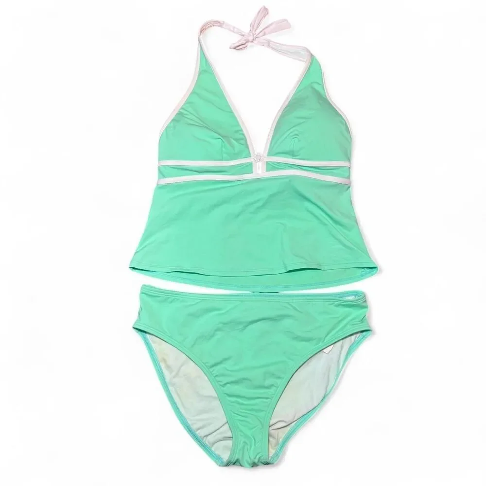 La Blanca Women's Mint Green and White Summer 2005 Y2K Tankini Size 14